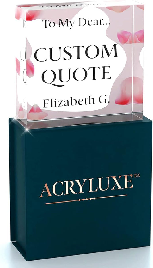 Personalized Gifts, Custom Quote Block Letter Board,Crystal-Clear Acrylic With Gift Box,17 Styles, Holiday and Christmas Gift for Mom, Dad, Girlfriend, Him or Her, Husband, Wife (4"x4, Pink Petals)