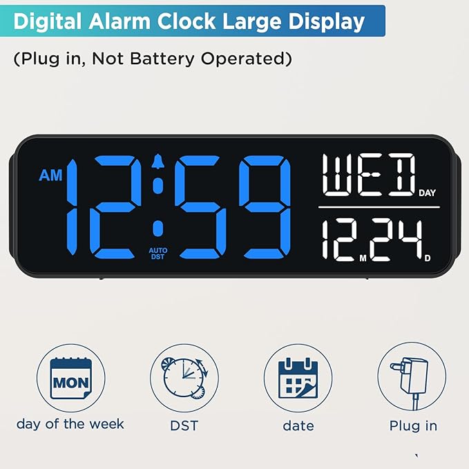 Peakeep Large Display Digital Alarm Clock for Bedrooms, Date Day of Week Calendar Desk Table Clocks for Living Room Office, Dimmable Plug in Electric Clock, 5 Volumes, Loud, Auto DST
