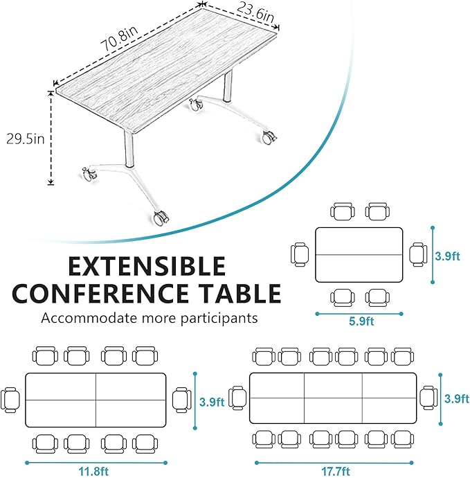 Goakwwuz Conference Room Table, Folding Conference Tables,Thicken Grey Tabletop,Flip Top Wooden Seminar Meeting Room Table for Conference Room Offices (8, Black+White, 70.8”)