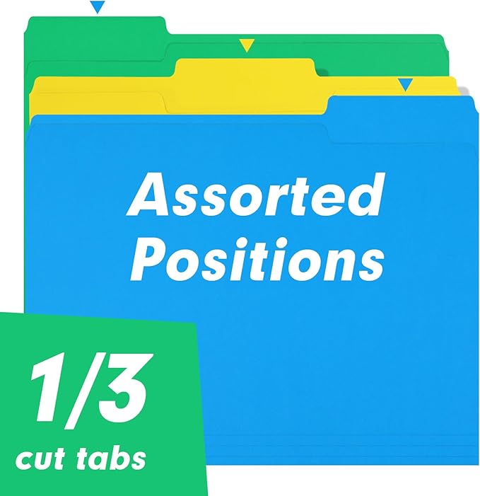 File Folder, RAZCC 150 Pack 1/3 Cut Tab Colored File Folders, File Folder Letter Size for Office Classroom Use, Assorted 5 Colors Folders with Tabs