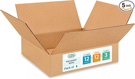 Medium Moving & Shipping Boxes 12 x 12 x 3 inches (5-Pack) - Extra Strength 200 lb vs Regular - Corrugated Durable Boxes for Packaging - Shipping Box Medium - Heavy Duty Box by IDL Packaging