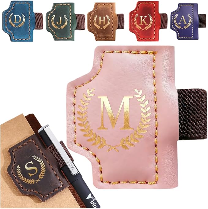Personalized Bygone Mark Bookmark with Pen Holder, Leather Magnetic Bookmark 26 Letters,Gifts for Book Lovers, Readers, Leather Book Marks for Men Women (Pink, M)