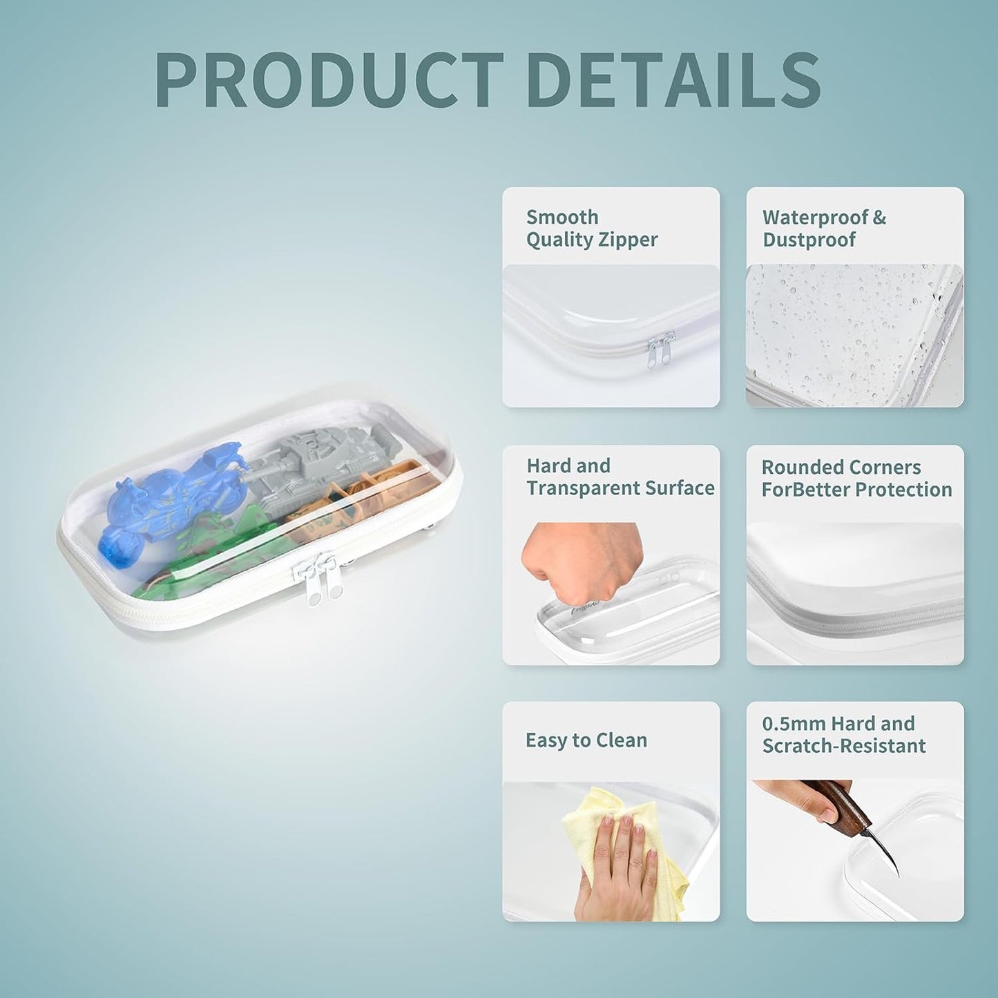 Set of 2 - Hard Sided Clear Zipper Case for Storage - Professional-Grade Plastic Hard Shell Zippered Organizers, Cosmetic Bag, Snack Bins