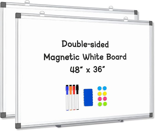 AMUSIGHT 2 Pack Double-Sided Magnetic Whiteboard, 48" x 36" Dry Erase Board, Aluminum Frame White Board for Wall, Hanging Mounting White Board Dry Erase Marker Board for Office, School, Home
