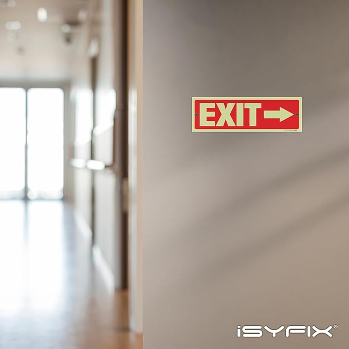 iSYFIX Exit Signs with Directional Right Arrow - 6 Pack 12x4 Inch Glow in the Dark for Business, School, Office, Warehouse - Durable 40 Mil Polystyrene, UV Laminated, Waterproof, Scratch & Fade Resistant
