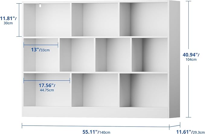 Cozy Castle White Bookshelf, 3-Tier Open Shelf Bookcase, 10 Cube Storage Organizer with Anti-Tilt Device for Bedroom, Living Room, 55.11" W x 11.61“D x 40.94“H