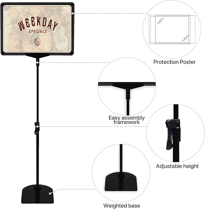BUTUNITA Adjustable Sign Holder - 8.5 x 11 Inch, Table & Floor Stand, Vertical & Horizontal Display, Black (6Pcs)