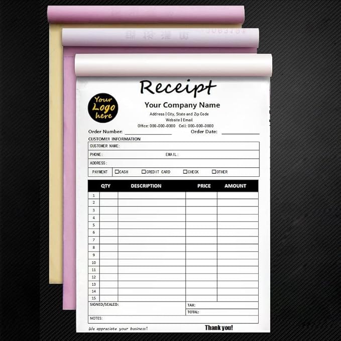 Custom Carbonless Sales Invoice Form Books for Small Business, Personalized NCR 3-Part Receipt Book with Carbon Copies, Cover Add Company Name, Address and Number Printed