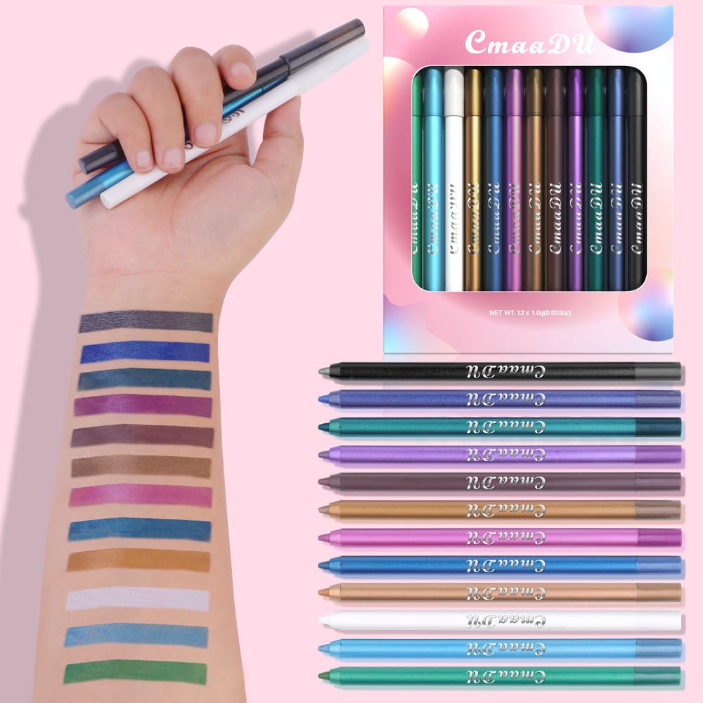 12 Colorful Eyeliner Pen Set, Eye Shadow Pencil, Pearl Eyeliner Kit Metallic Glitter Colored Eye liner for Women Eye&Lip Liner Professional Waterproof Eye Makeup
