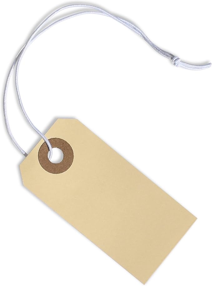 Manila Tags with Elastic Loop - 2 3/4' x 1 3/8', Box of 100 Paper Tags with Reinforced Hole, Labels with String Attached