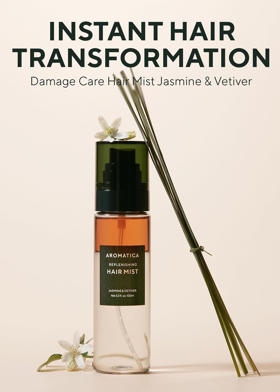 AROMATICA Replenishing Hair Mist Jasmine & Vetiver - Leave-in Conditioner Spray & Blow Out Hair Perfume Oil for Women - Silicone-Free, Detangling, Smoothing & Moisturizing (3.3fl oz)