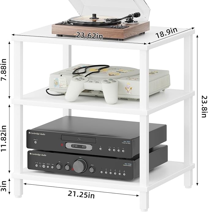 3-Tier AV Media Player Stand, white Stereo Cabinet, Modern Stereo Cabine,Game Console Shelf,Wooden TV Stand,Multifunctional Entertainment Center, Suitable for Home, Conference Room, Game Studio