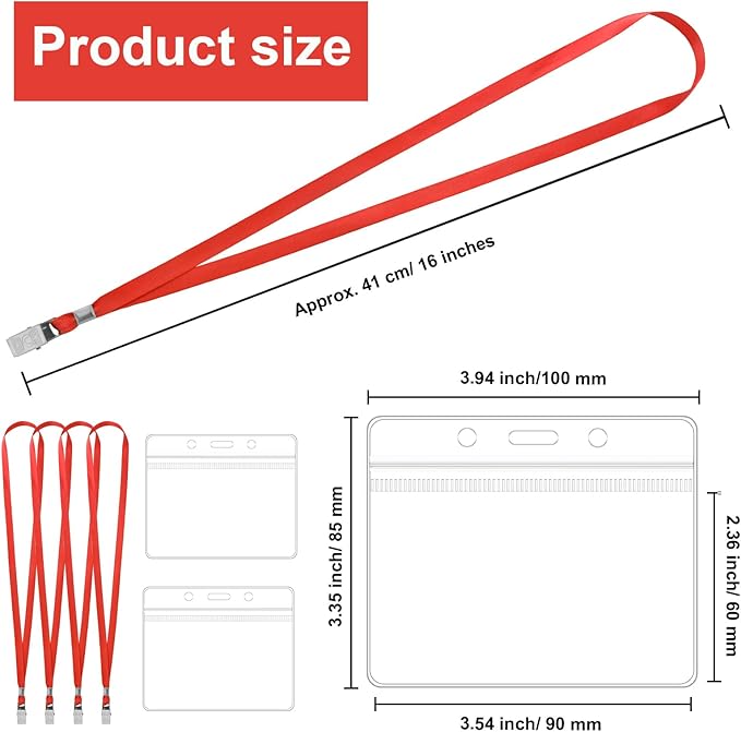 100 Pcs Lanyards for ID Badges and 100 Pcs Clear Name Tag Holders Reusable Lanyard with Clip Plastic ID Card Badge Holder Name Badges for Adults Kids Business School Office Supplies (Red)