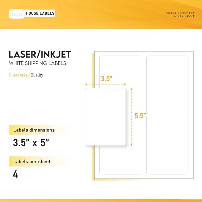 HOUSELABELS 4-up Shipping Labels (3-1/2" x 5") for Laser and Inkjet Printers, 1200 Sheets
