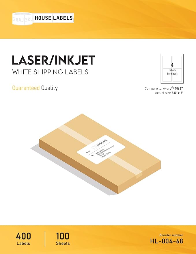 HOUSELABELS 4-up Shipping Labels (3-1/2" x 5") for Laser and Inkjet Printers, 200 Sheets