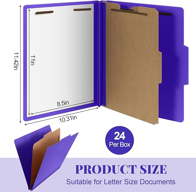 Skyygemm 24 Pcs Classification Folders Letter Size, 1 Divider Pressboard File Folder with Fasteners, Expanding File Organizer Bulk for School Teachers, Office Employee, Coworker, Staff (Purple)