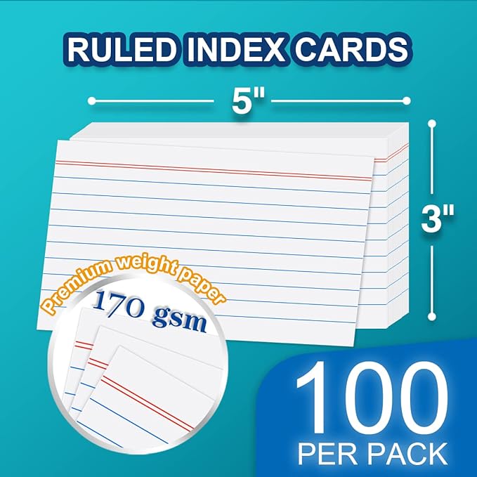 H4D 3x5 Index Card Case with 100 Heavyweight Ruled Index Cards and Dividers, Red