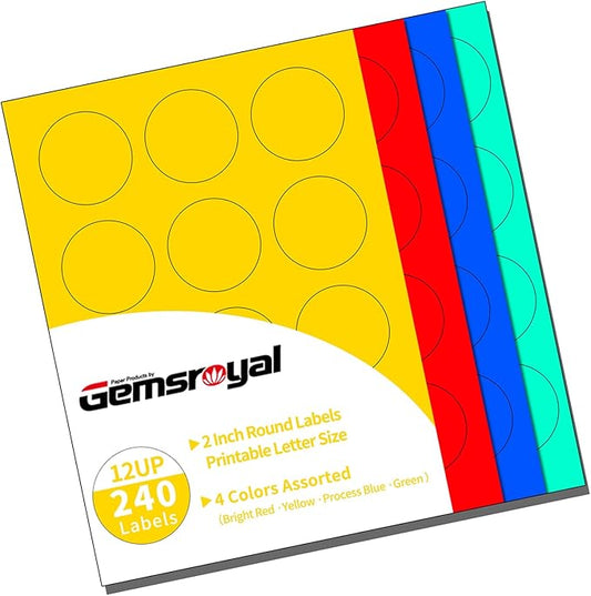 Gemsroyal 2 Inch Colored Round Labels Printable,2" Color Coding Labels for Printer,2 Colorful Custom Round Stickers,4 Colors Assorted(Red,Yellow,Blue,Green),240 Neon Circle Labels in Total
