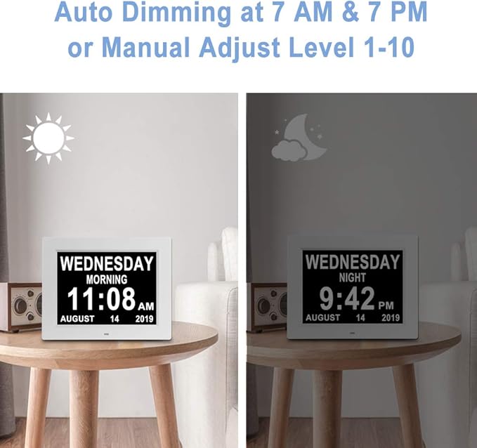 Aowasi [Upgraded 10 Inch] Digital Day Calendar Clock Auto-Diming & 8 Alarms Options Extra Large Non-Abbreviations Dementia Impaired Vision Senior Clocks for Memory Loss Alzheimer Eldarly