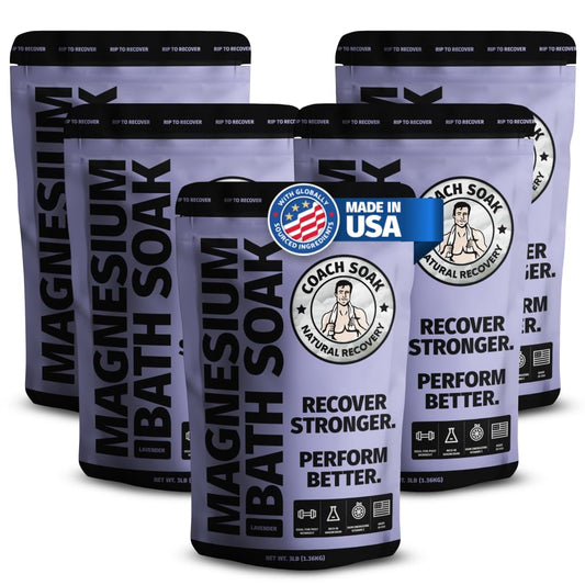 Coach Soak Recovery Bath Soak - Alternative to Epsom Salt Bath Soak - Fast-Absorbing Pure Magnesium Flakes with 21 Minerals, Bath Salts & Essential Oils - 15 lb (5 Pack) - Lavender