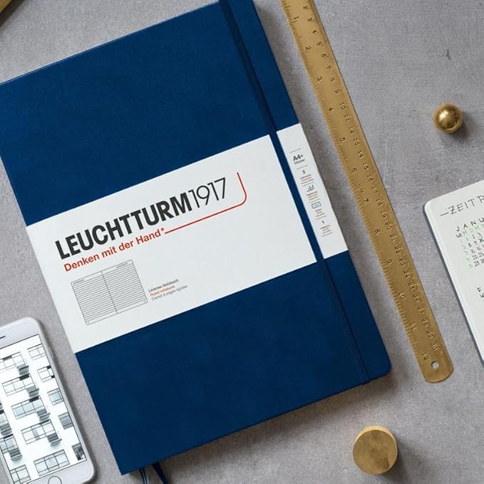 LEUCHTTURM1917 - Notebook Hardcover Master Slim A4+ - 123 Numbered Pages for Writing and Journaling (Navy, Plain)