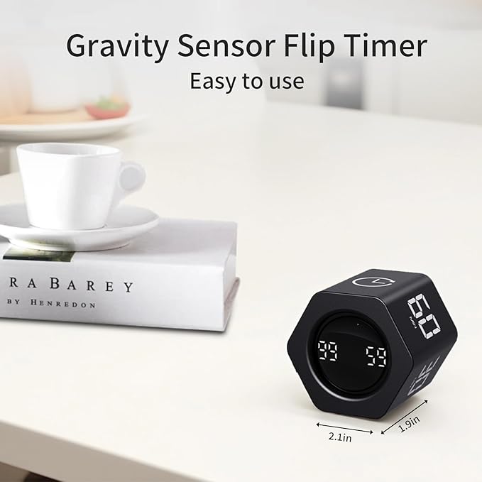 Productivity Timer Flip Gravity Sensor Cube Timer Countdown & Countup,Mute & Vibrate & Sound，5/10/30/60min & Custom Timing, Perfect for ADHD,Work,Learning,Kitchen Cooking (2, White +Black Hexagon)
