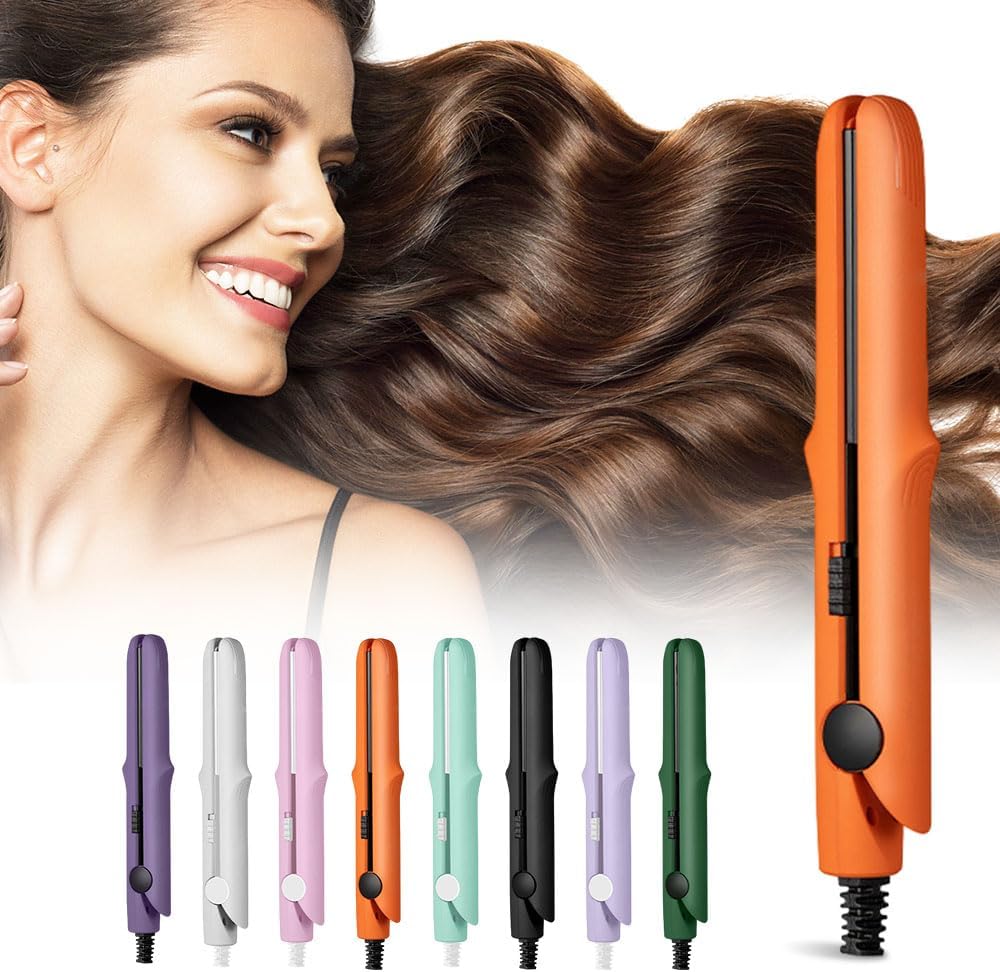 2025 New Mini Dual-Purpose Curling Iron, 2-in-1 Curling Wand Flat Iron Hair Straightener, Travel Curling Iron for All Hair Types (Orange)