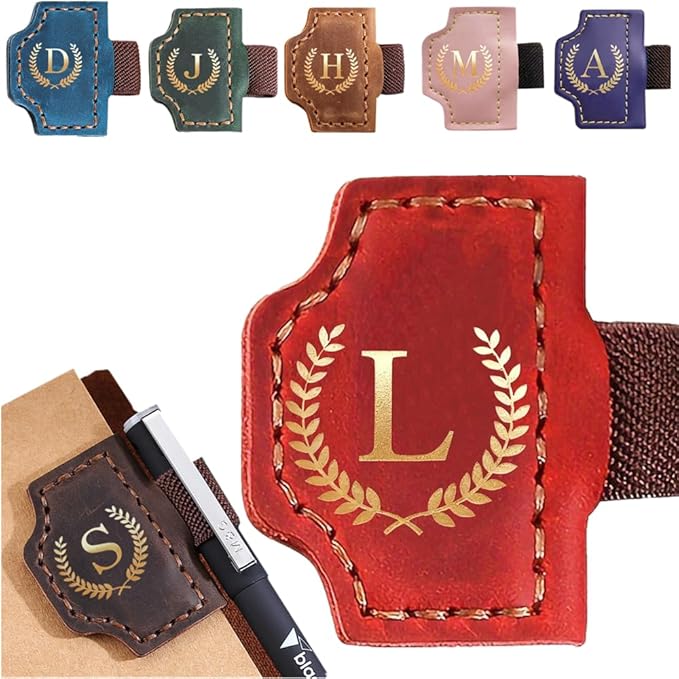 Personalized Mark Bookmark with Pen Holder, Leather Magnetic Book Marker 26 Letters,Custom Initials Page Marks, Gifts for Book Lovers Readers Men Women (Red, L)
