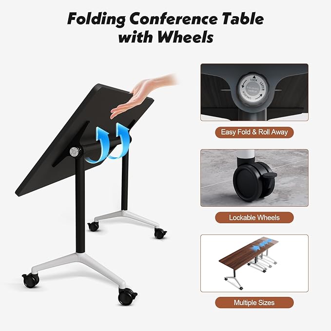 Goakwwuz Conference Room Table, Folding Conference Tables,Thicken Grey Tabletop,Flip Top Wooden Seminar Meeting Room Table for Conference Room Offices (4, Walnut, 55.1”)