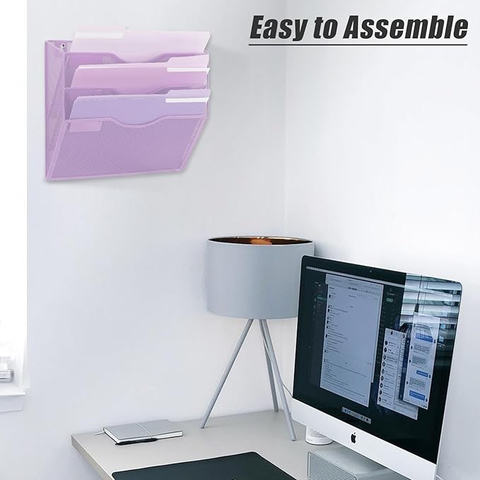 EASEPRES 3 Pocket Mesh Hanging Wall File Organizer, Wall Mounted Mail Paper Document Folder Holder, Clipboard Storage Organization Magazine Rack with Nametag Label for Office Home School, Light Purple