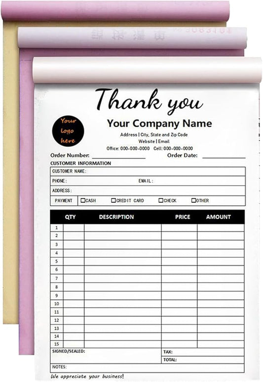 Custom Invoice Book in 3-Part /2-Part Receipt Book with Carbon Copies Personalized Carbonless Service Invoice Form Books Sales Order Book with Company Name Logo Address,C2-Thank You Receipt