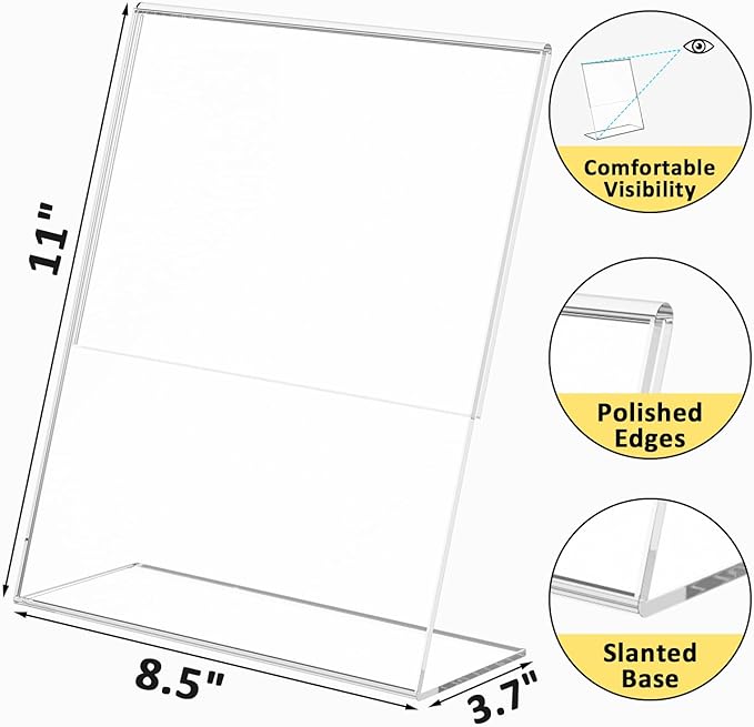 12 Pack Acrylic Sign Holder, Clear 8.5 x 11 Inch Slant Back Vertical Sign Holder, Tabletop Plastic Paper Picture Frame Flyer Document Holder Display Stand for Home, Office, Restaurants, and Stores