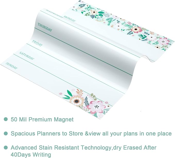 Outus 2 Pieces Magnetic Weekly Dry Erase Boards Erasable Weekly Calendars Whiteboard Planners with 2 Pieces Markers for Office, Home, School Supplies (Flower Style)