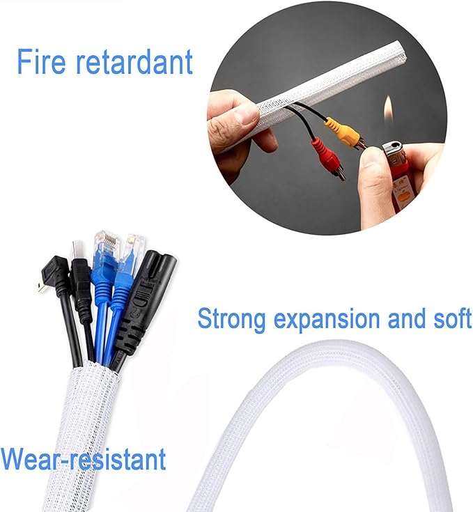QCSIW 1/2" x25ft Braided Cable Sleeve – Split Self-Wrapping Wire Loom Tubing for USB, Power, Audio/Video Cords – Chew-Resistant Cord Protector, White Expandable Sleeving