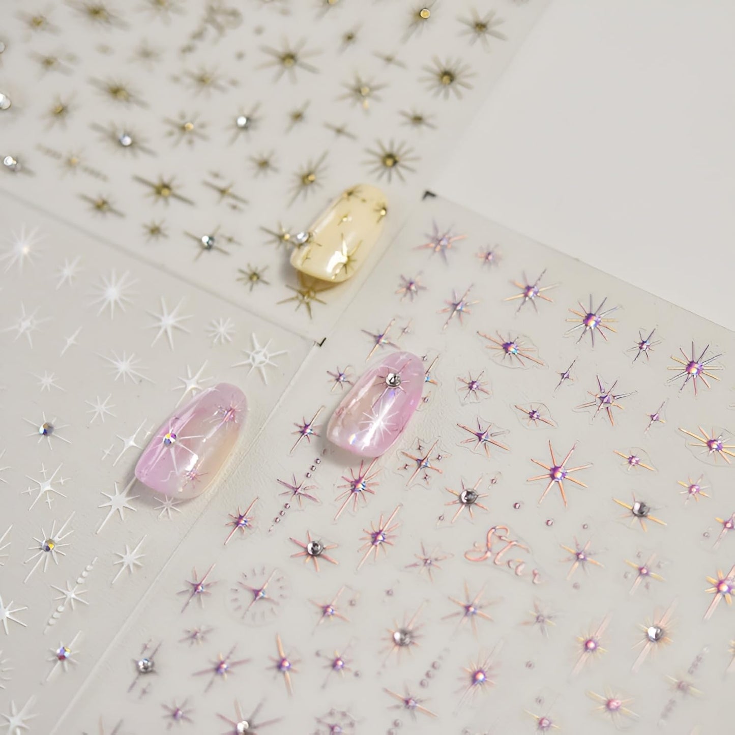 3 Sheets 5D Embossed Star Nail Stickers - Pink Gold White Glitter Shiny Design for DIY Manicure Decoration - Nail Art Supplies for Women