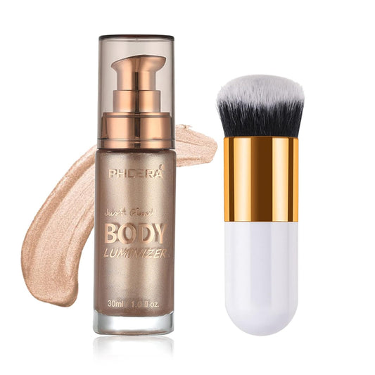 Body Shimmer Oil, Rose Gold Natural Glow Luminizer, Long Lasting Waterproof Moisturizing Liquid Illuminator Highlighter Makeup for a Sun-Kissed Glow, Brush Include, 1oz, Light Medium