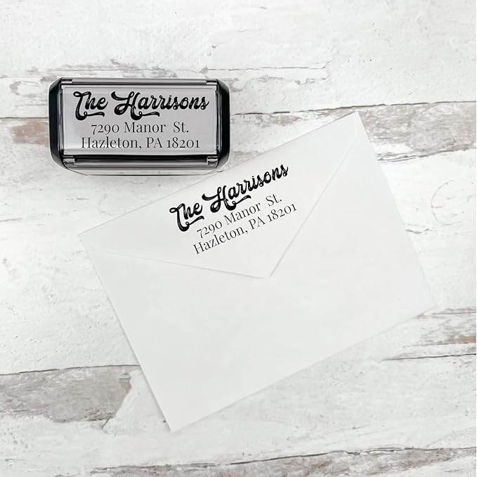 Self Inking Modern Address Stamps | Custom Return Address Stamper (Antique Script, Xtra Wide)