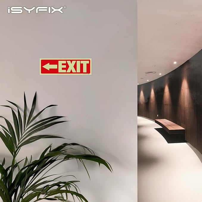 iSYFIX Exit Stickers Signs with Directional Left Arrow 2 Pack 12x4 Inch - Glow in the Dark Photoluminescent Vinyl for Office, School, Business, Warehouse - UV & Weather Resistant for Indoor/Outdoor Use