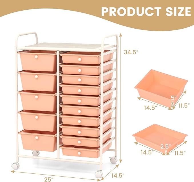 GLACER 15 Drawers Rolling Cart, Storage Cart with w/Removable Drawers & Steel Frame, Multipurpose Organizer Cart w/Sleek Handle, Utility Cart on Lockable Wheels for Home, School, Office (Peach)