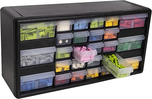 Akro-Mils 26-Drawer Plastic Drawer Storage Cabinet for Garage Organization, Bead Organizer, Building Bricks Storage, Teacher Toolbox, Makeup Organizer, 20-Inch W x 6-Inch D x 10-Inch H, 10126 Black
