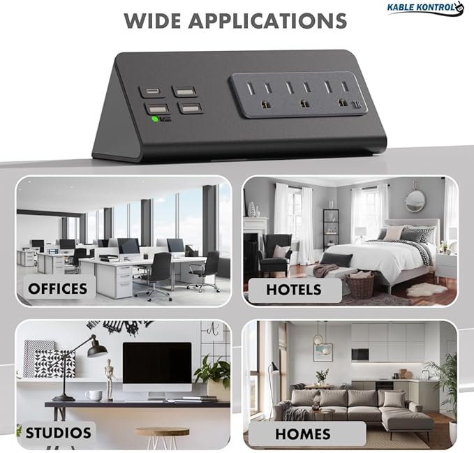 Kable Kontrol Desk Clamp Power Strip with USB-C Port, Nightstand Charging Station, 3 AC Outlets, 3 USB-A Ports, Fast Charger, Easy Installation for Home, Offices, Hotels – 4.9 Ft, White, 100 Pcs