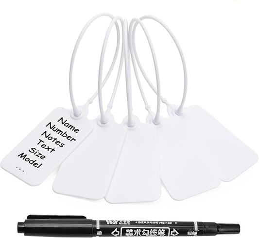 50 White Blank Plastic Tags for Labeling Waterproof Hanging Labels Writable Tags Seal Plastic Marking Label for Clothes Bags Keys Inventory with One Marker Pen