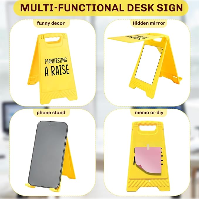 Funny Office Desk Accessories,Motivational Affirmations Office Cubicle Decor,Desk Decor,Phone Holder Mirror Acrylic Table Signs,Daily Desktop Corporate Work Humor Gifts for Leader (Manifesting Raise)
