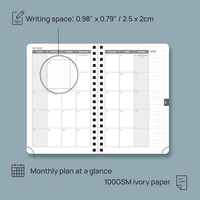 POPRUN Pocket 2026 Planner (Small Size- 4'' x 6.25'') Weekly and Monthly for Purse - Calendar 2026 (Jan. 2026 - Dec.2026) with Soft Cover, Plastic Ruler - Green