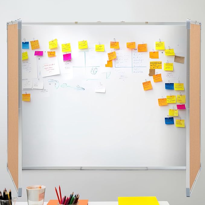 Mooliwe 60"x40" Tri-fold Cork Board Whiteboard Combo, Foldable Combination Magnetic Dry Erase Bulletin Board & Corkboard with Aluminum Frame Wall Mounted for Home, Office and School(Wood)