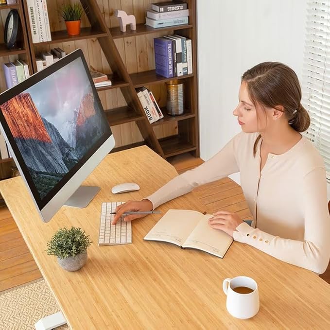 FLEXISPOT EN1 Bamboo Standing Desk, 48 x 24 Inches Whole-Piece Electric Height Adjustable Desk for Home Office (White Frame + Bamboo Curved Desktop, 2 Packages)