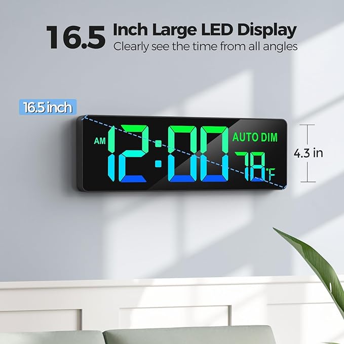 REACHER 16.5" Large Digital Wall Timer Clock with Countdown Timer, Auto Dimmer, Temperature, Remote Control, LED Wall Clock for Office, Home Decor, Kitchen, Living Room, Gym, Classroom