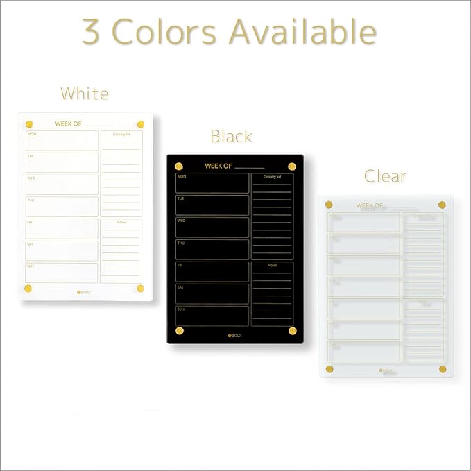 Black Glass Golden Weekly Dry Erase Calendar & Menu Whiteboard for Wall, Meal Planning & Grocery Shopping List White Board for Kitchen & Home, 15x11, 4 Wet Erase Markers Included, Yeoux