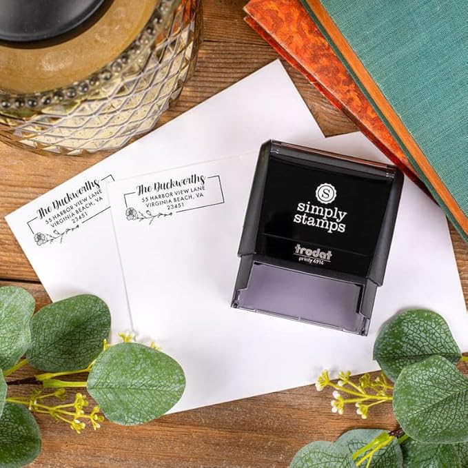 Custom Floral Address Stamp | Choose from 12 Designs | Multiple Ink Color Options | Envelope Return Address Stamp for Couple or Family (Design 8, Large)