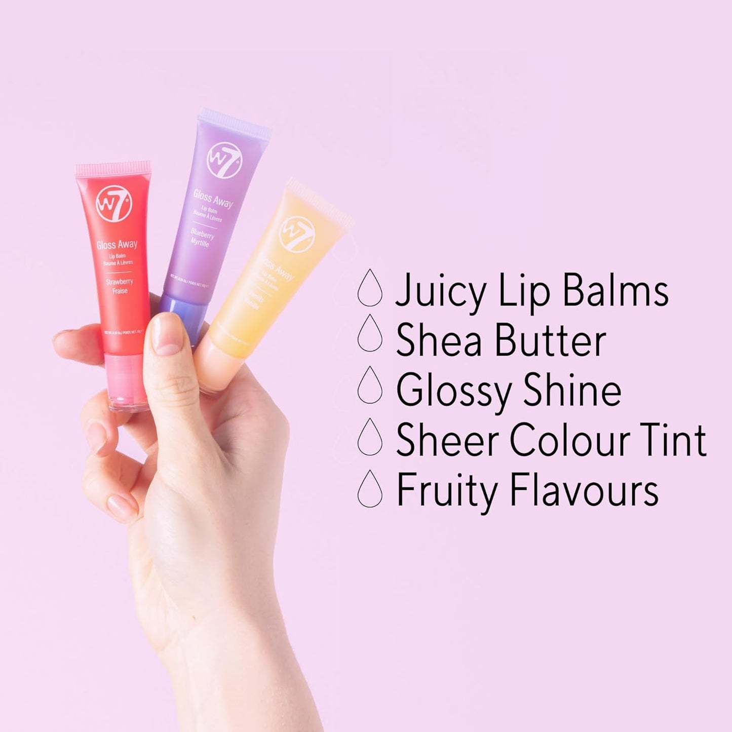 W7 Gloss Away Lip Balm Trio - 3 Piece Set - Nourishing Lips Balms With Shea Butter - Blueberry, Vanilla, Strawberry